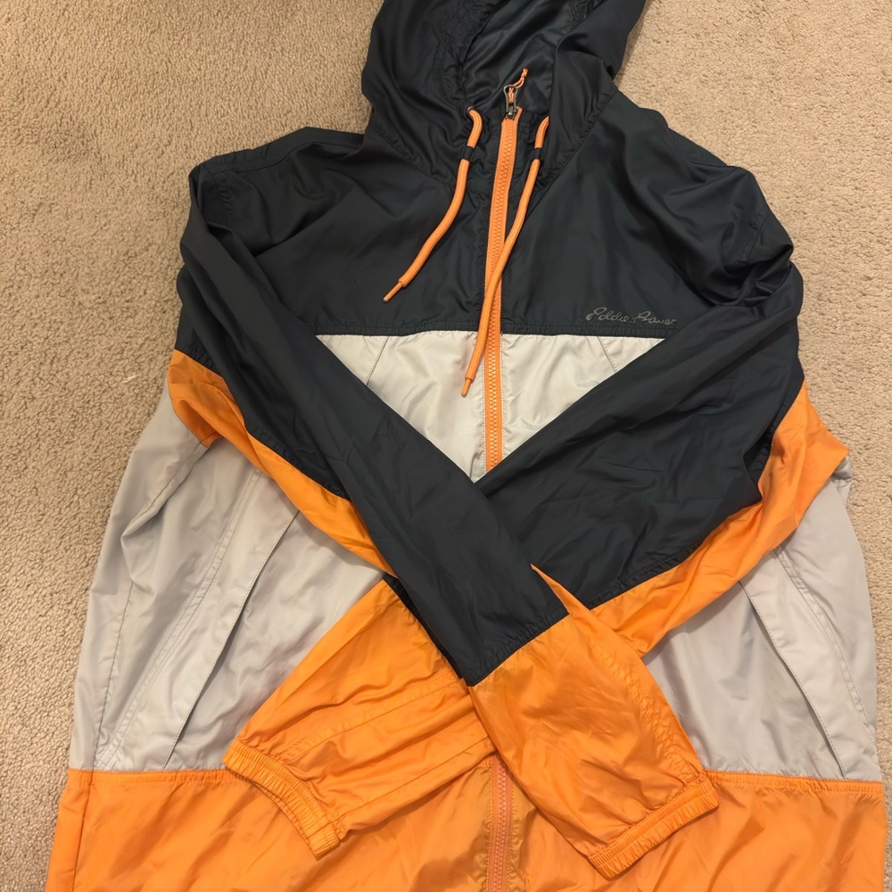 Eddie Bauer Men's pine green, Gray, and Orange Windbreaker